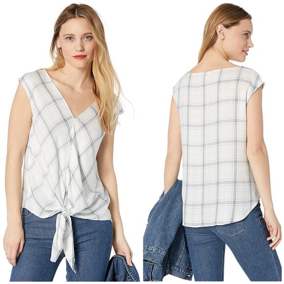 Max Studio Sleeveless Plaid Tie Hem Top V Neck White Blue Size S - Picture 1 of 8